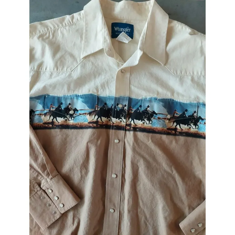 Vintage Wrangler Rodeo Cowboy Horses Print Western Pearl Snap Shirt Size XXL - Picture 10 of 13